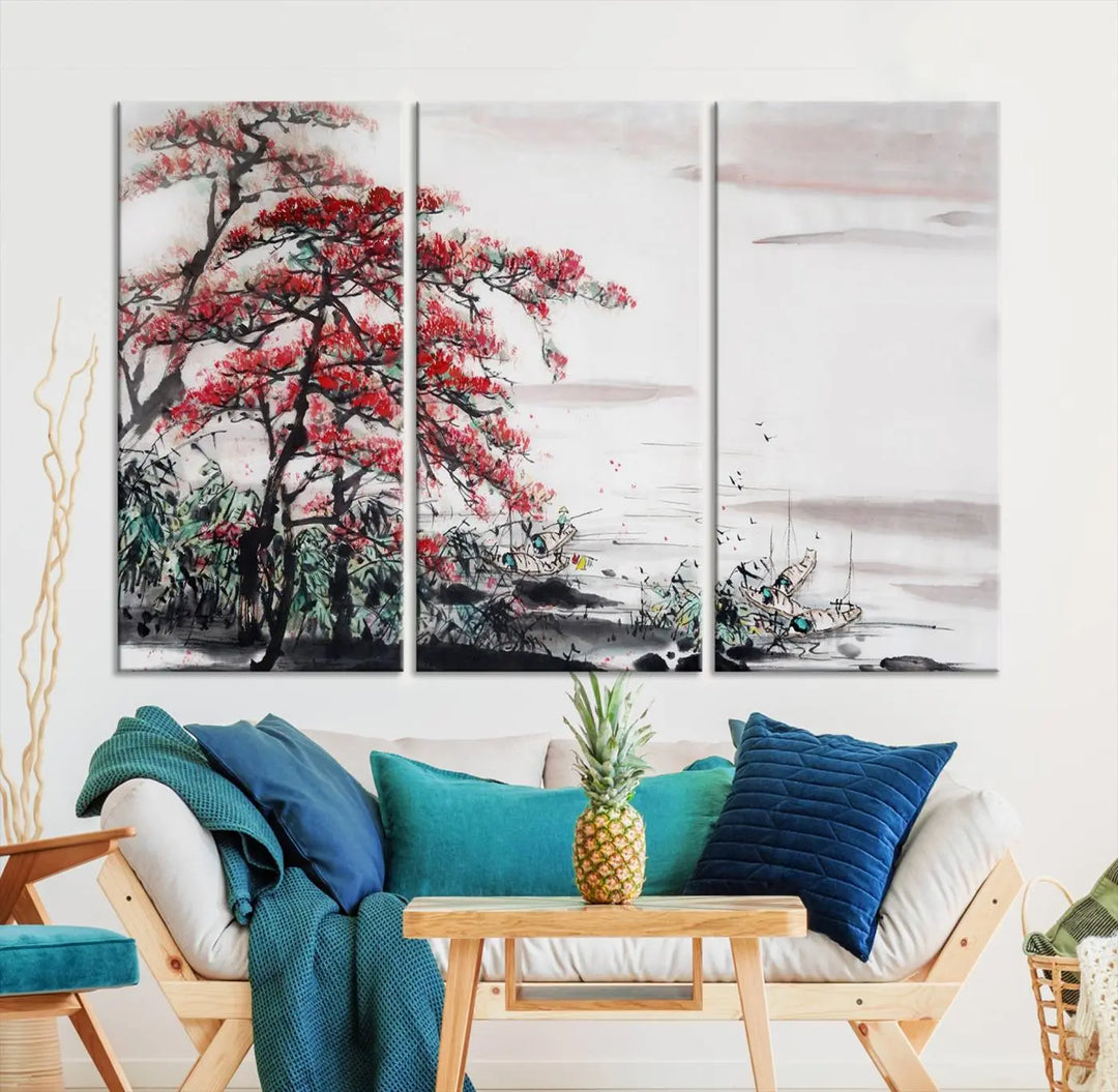 The Cherry Blossom Art Painting Canvas Wall Art, depicting a red tree and abstract landscape on museum-quality canvases, adorns the gray wall. These gallery-wrapped pieces are enhanced with UV-protective coating to preserve their vivid allure.