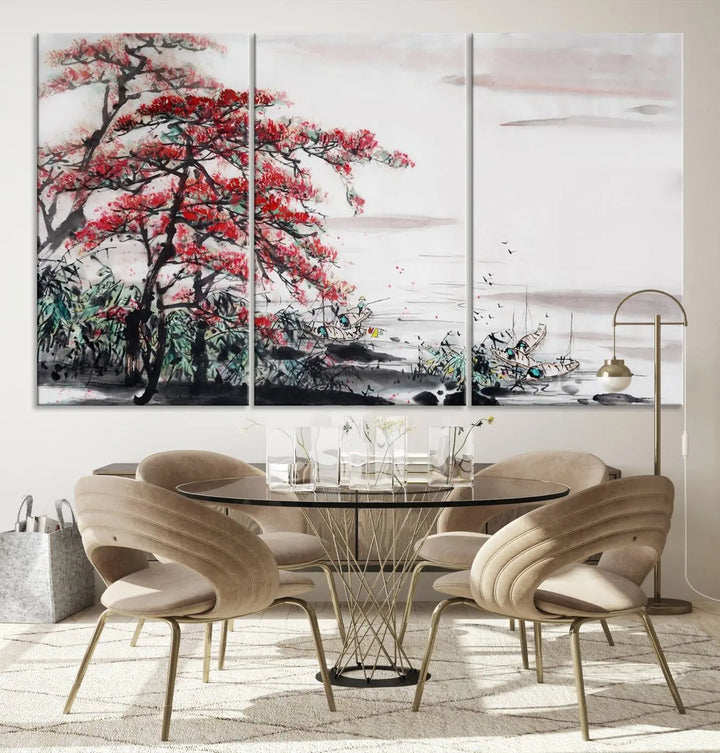 The Cherry Blossom Art Painting Canvas Wall Art, depicting a red tree and abstract landscape on museum-quality canvases, adorns the gray wall. These gallery-wrapped pieces are enhanced with UV-protective coating to preserve their vivid allure.