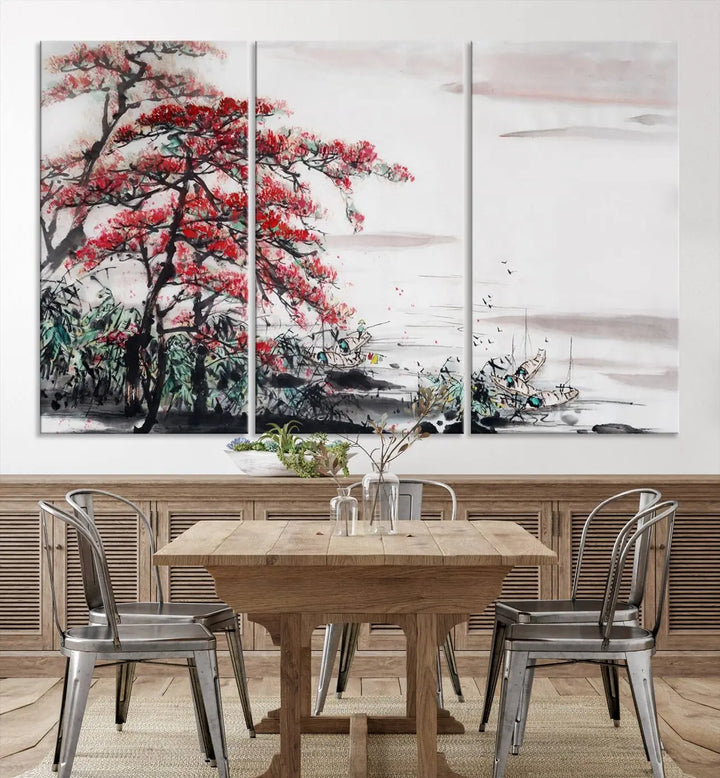 The Cherry Blossom Art Painting Canvas Wall Art, depicting a red tree and abstract landscape on museum-quality canvases, adorns the gray wall. These gallery-wrapped pieces are enhanced with UV-protective coating to preserve their vivid allure.