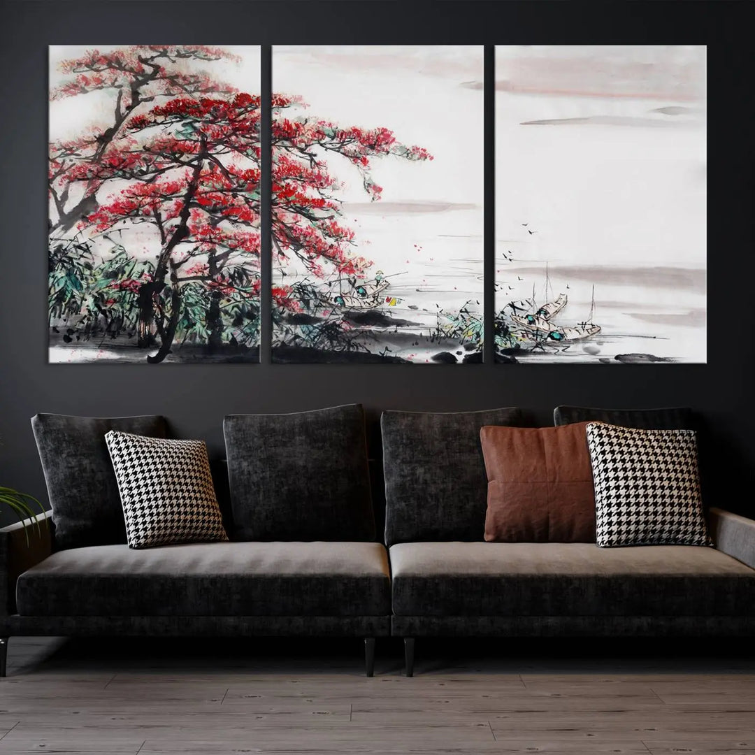 The Cherry Blossom Art Painting Canvas Wall Art, depicting a red tree and abstract landscape on museum-quality canvases, adorns the gray wall. These gallery-wrapped pieces are enhanced with UV-protective coating to preserve their vivid allure.