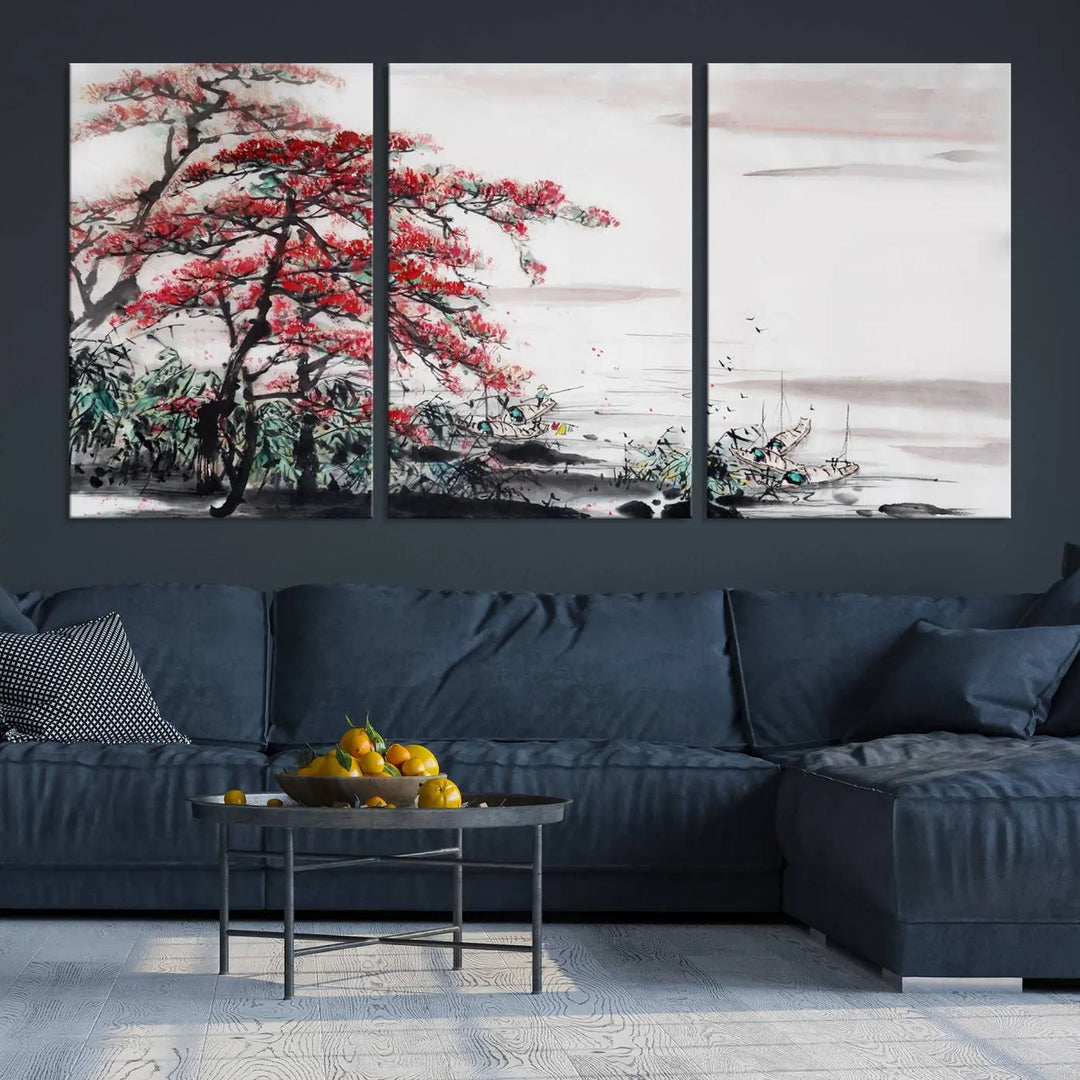 The Cherry Blossom Art Painting Canvas Wall Art, depicting a red tree and abstract landscape on museum-quality canvases, adorns the gray wall. These gallery-wrapped pieces are enhanced with UV-protective coating to preserve their vivid allure.