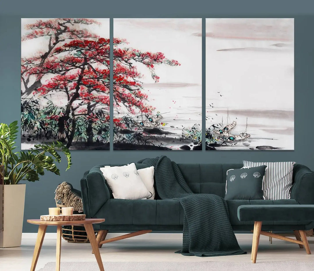 The Cherry Blossom Art Painting Canvas Wall Art, depicting a red tree and abstract landscape on museum-quality canvases, adorns the gray wall. These gallery-wrapped pieces are enhanced with UV-protective coating to preserve their vivid allure.