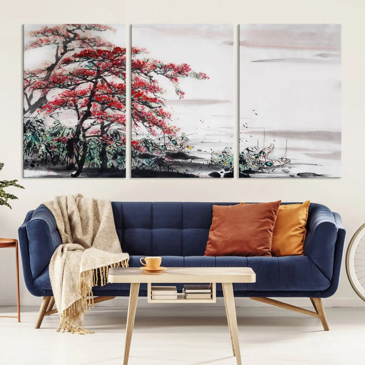 The Cherry Blossom Art Painting Canvas Wall Art, depicting a red tree and abstract landscape on museum-quality canvases, adorns the gray wall. These gallery-wrapped pieces are enhanced with UV-protective coating to preserve their vivid allure.