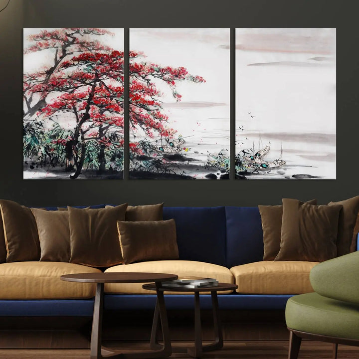 The Cherry Blossom Art Painting Canvas Wall Art, depicting a red tree and abstract landscape on museum-quality canvases, adorns the gray wall. These gallery-wrapped pieces are enhanced with UV-protective coating to preserve their vivid allure.