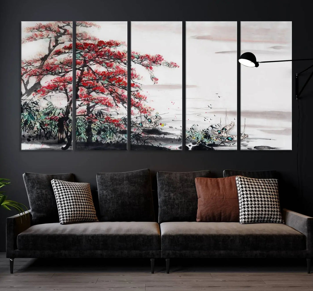 The Cherry Blossom Art Painting Canvas Wall Art, depicting a red tree and abstract landscape on museum-quality canvases, adorns the gray wall. These gallery-wrapped pieces are enhanced with UV-protective coating to preserve their vivid allure.