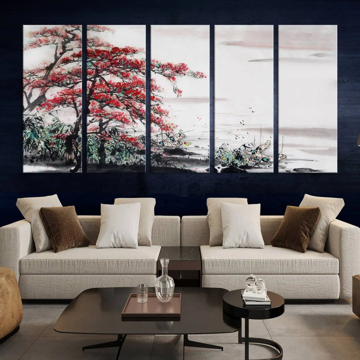 The Cherry Blossom Art Painting Canvas Wall Art, depicting a red tree and abstract landscape on museum-quality canvases, adorns the gray wall. These gallery-wrapped pieces are enhanced with UV-protective coating to preserve their vivid allure.