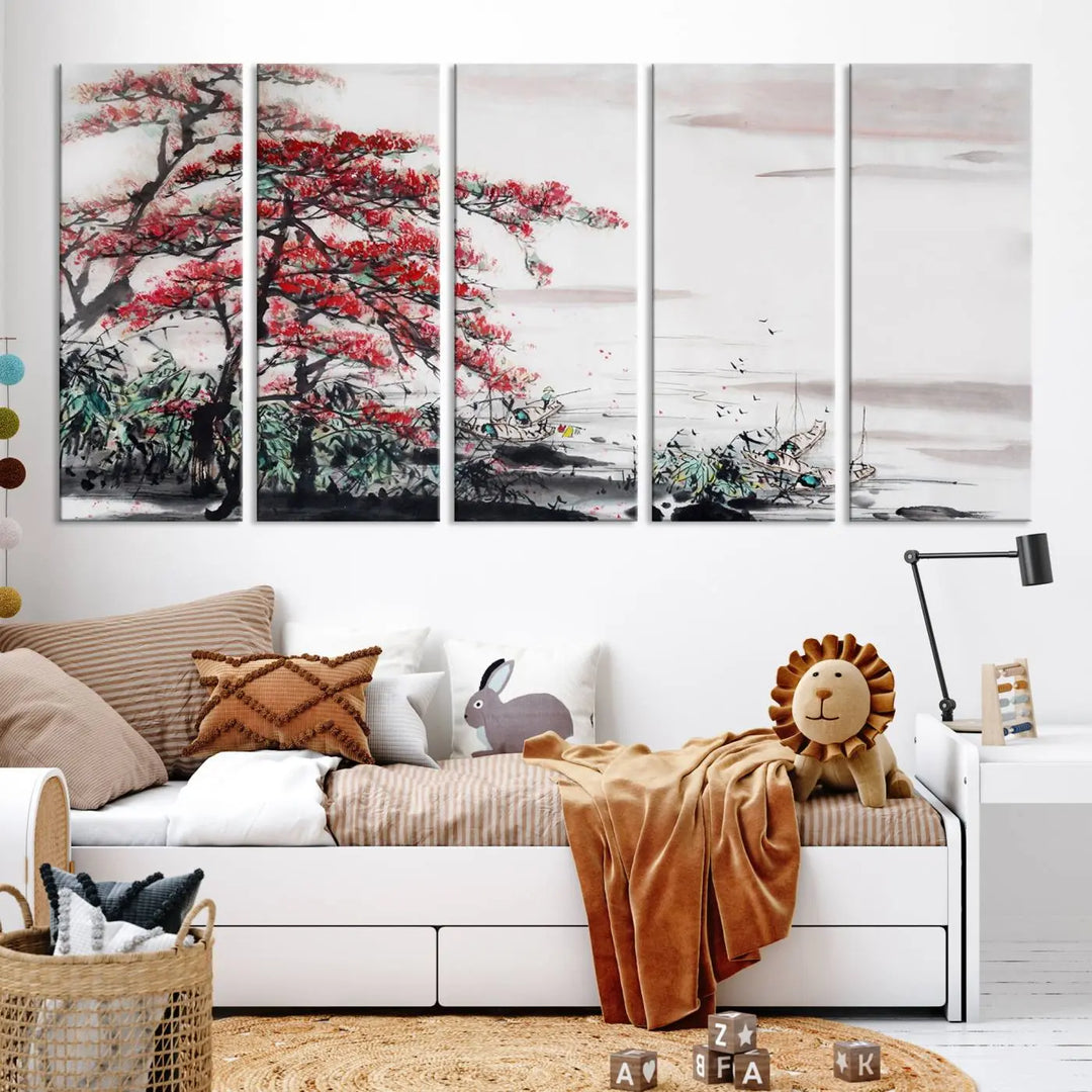 The Cherry Blossom Art Painting Canvas Wall Art, depicting a red tree and abstract landscape on museum-quality canvases, adorns the gray wall. These gallery-wrapped pieces are enhanced with UV-protective coating to preserve their vivid allure.