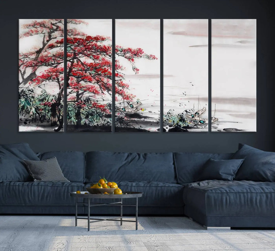 The Cherry Blossom Art Painting Canvas Wall Art, depicting a red tree and abstract landscape on museum-quality canvases, adorns the gray wall. These gallery-wrapped pieces are enhanced with UV-protective coating to preserve their vivid allure.