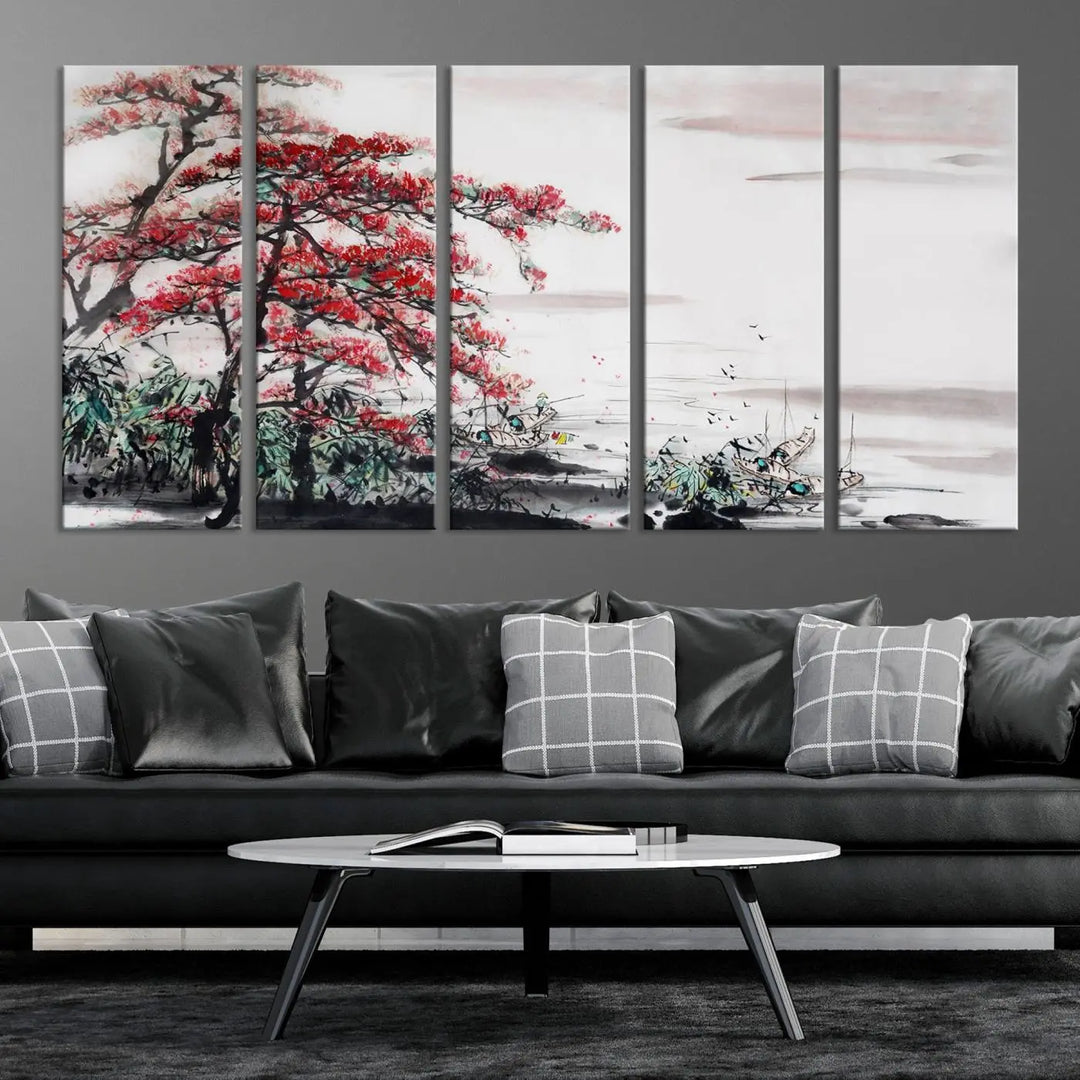 The Cherry Blossom Art Painting Canvas Wall Art, depicting a red tree and abstract landscape on museum-quality canvases, adorns the gray wall. These gallery-wrapped pieces are enhanced with UV-protective coating to preserve their vivid allure.