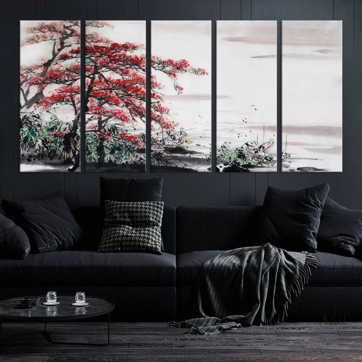 The Cherry Blossom Art Painting Canvas Wall Art, depicting a red tree and abstract landscape on museum-quality canvases, adorns the gray wall. These gallery-wrapped pieces are enhanced with UV-protective coating to preserve their vivid allure.