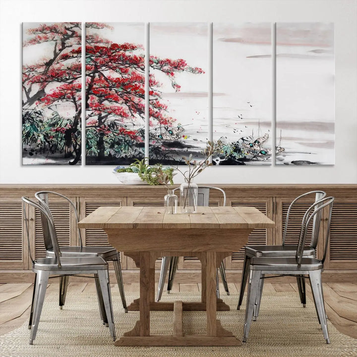 The Cherry Blossom Art Painting Canvas Wall Art, depicting a red tree and abstract landscape on museum-quality canvases, adorns the gray wall. These gallery-wrapped pieces are enhanced with UV-protective coating to preserve their vivid allure.