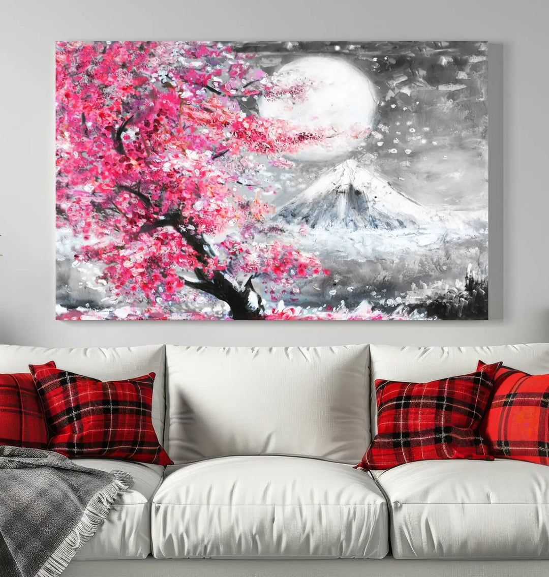 The living room features a striking gallery-wrapped canvas with UV-protective coating, showcasing the "Cherry Blossom Painting Canvas Wall Art Full Moon Art Winter Canvas Art," which depicts a cherry blossom tree with a mountain backdrop.