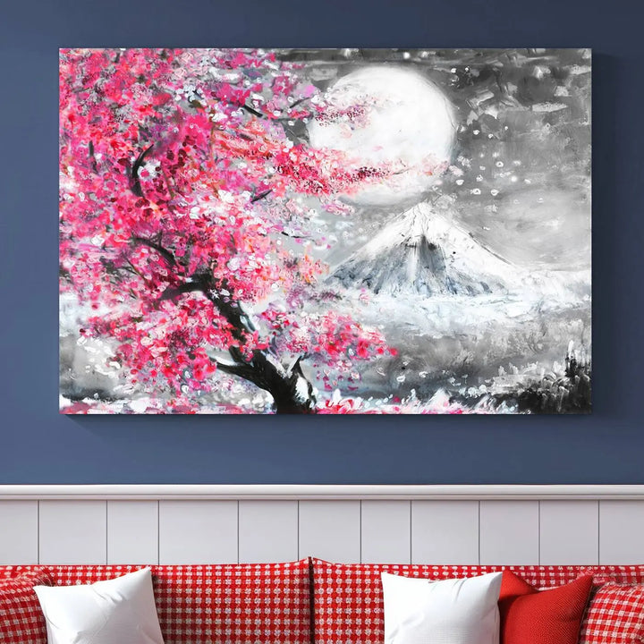 The living room features a striking gallery-wrapped canvas with UV-protective coating, showcasing the "Cherry Blossom Painting Canvas Wall Art Full Moon Art Winter Canvas Art," which depicts a cherry blossom tree with a mountain backdrop.