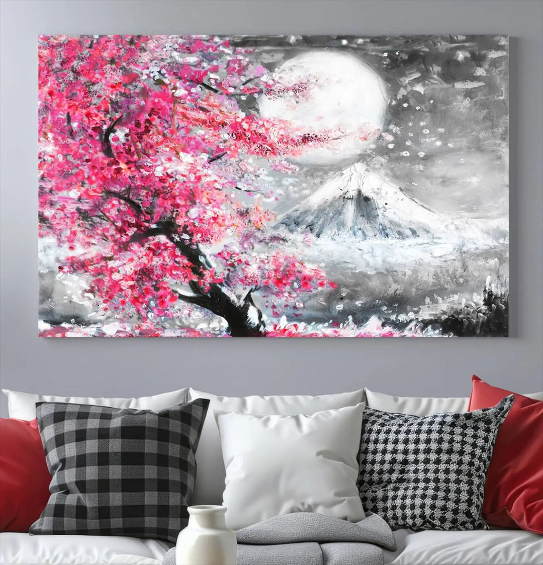 The living room features a striking gallery-wrapped canvas with UV-protective coating, showcasing the "Cherry Blossom Painting Canvas Wall Art Full Moon Art Winter Canvas Art," which depicts a cherry blossom tree with a mountain backdrop.