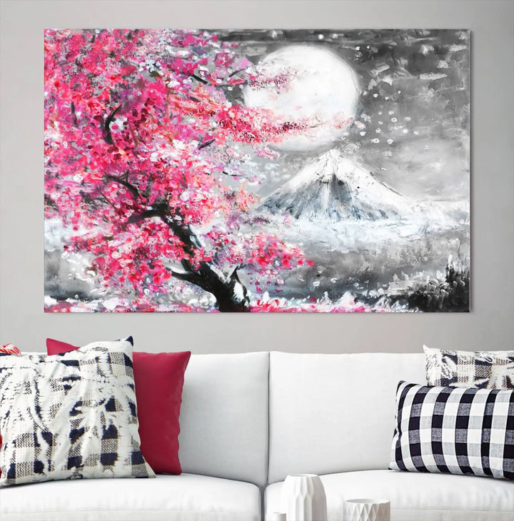 The living room features a striking gallery-wrapped canvas with UV-protective coating, showcasing the "Cherry Blossom Painting Canvas Wall Art Full Moon Art Winter Canvas Art," which depicts a cherry blossom tree with a mountain backdrop.