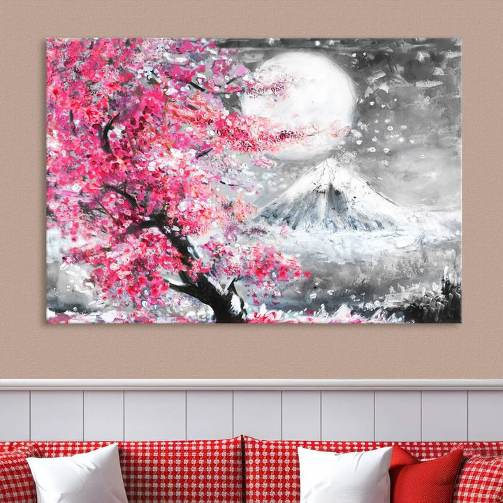 The living room features a striking gallery-wrapped canvas with UV-protective coating, showcasing the "Cherry Blossom Painting Canvas Wall Art Full Moon Art Winter Canvas Art," which depicts a cherry blossom tree with a mountain backdrop.