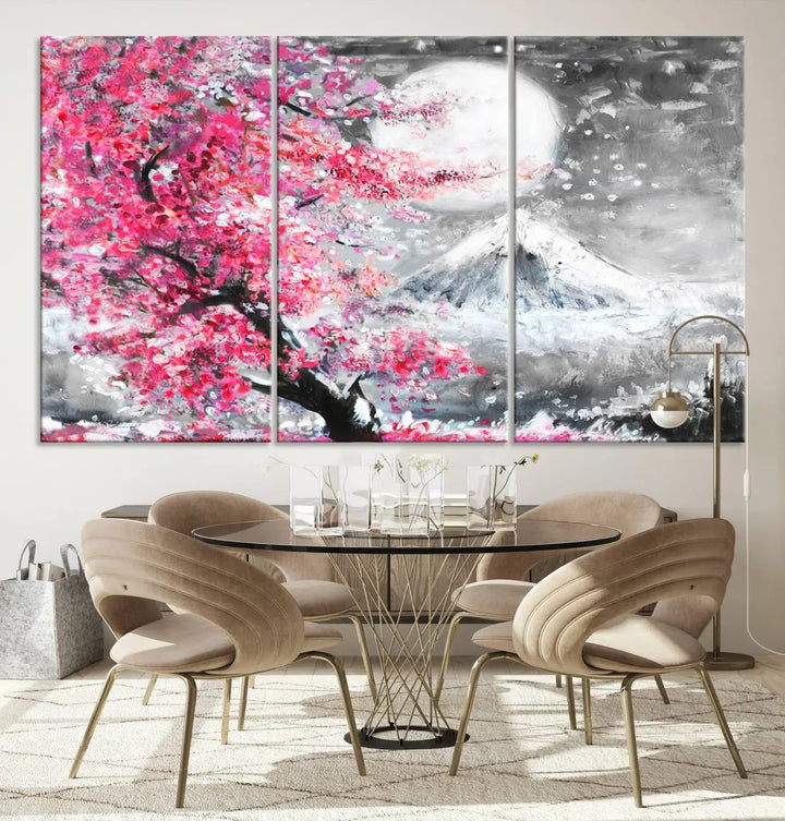 The living room features a striking gallery-wrapped canvas with UV-protective coating, showcasing the "Cherry Blossom Painting Canvas Wall Art Full Moon Art Winter Canvas Art," which depicts a cherry blossom tree with a mountain backdrop.