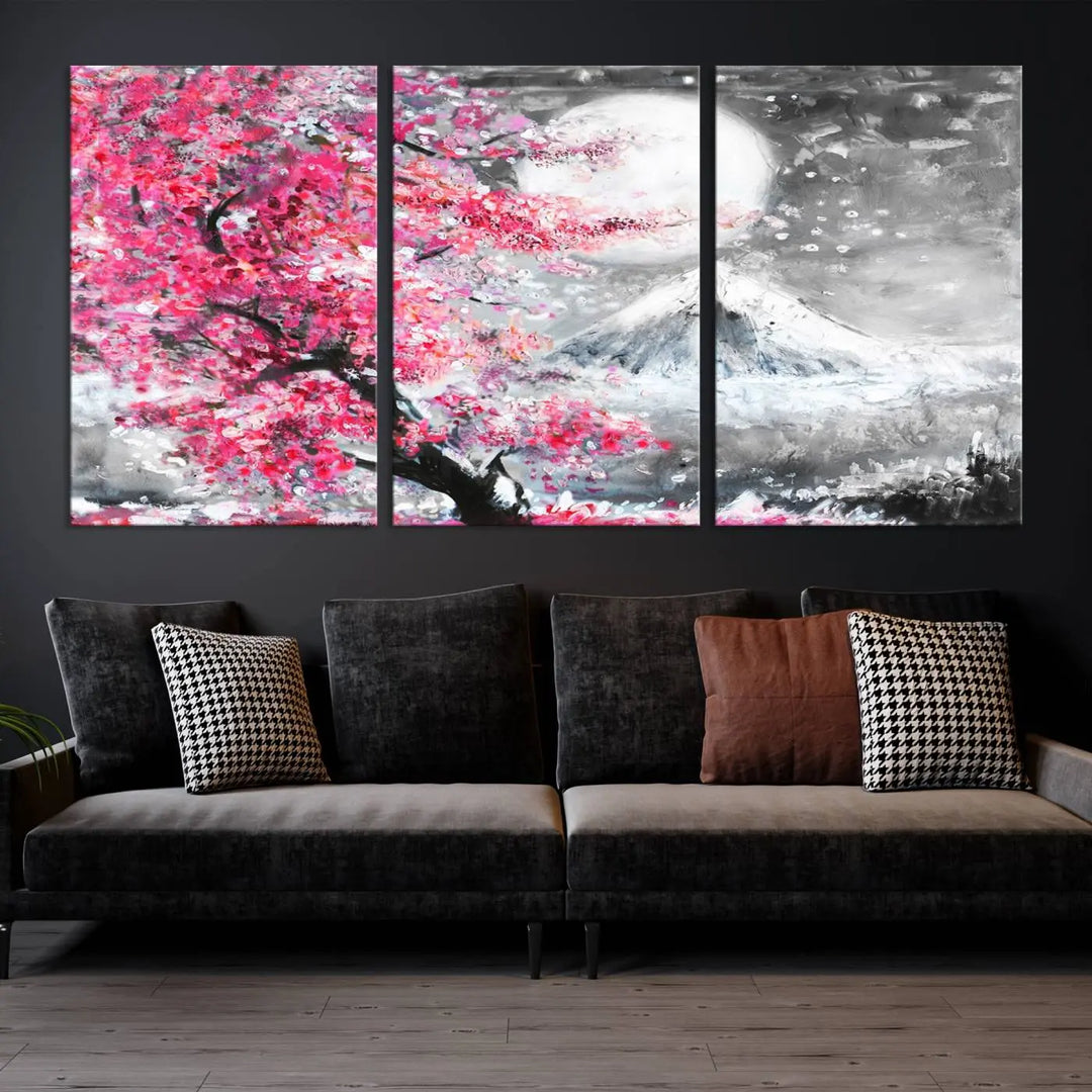 The living room features a striking gallery-wrapped canvas with UV-protective coating, showcasing the "Cherry Blossom Painting Canvas Wall Art Full Moon Art Winter Canvas Art," which depicts a cherry blossom tree with a mountain backdrop.