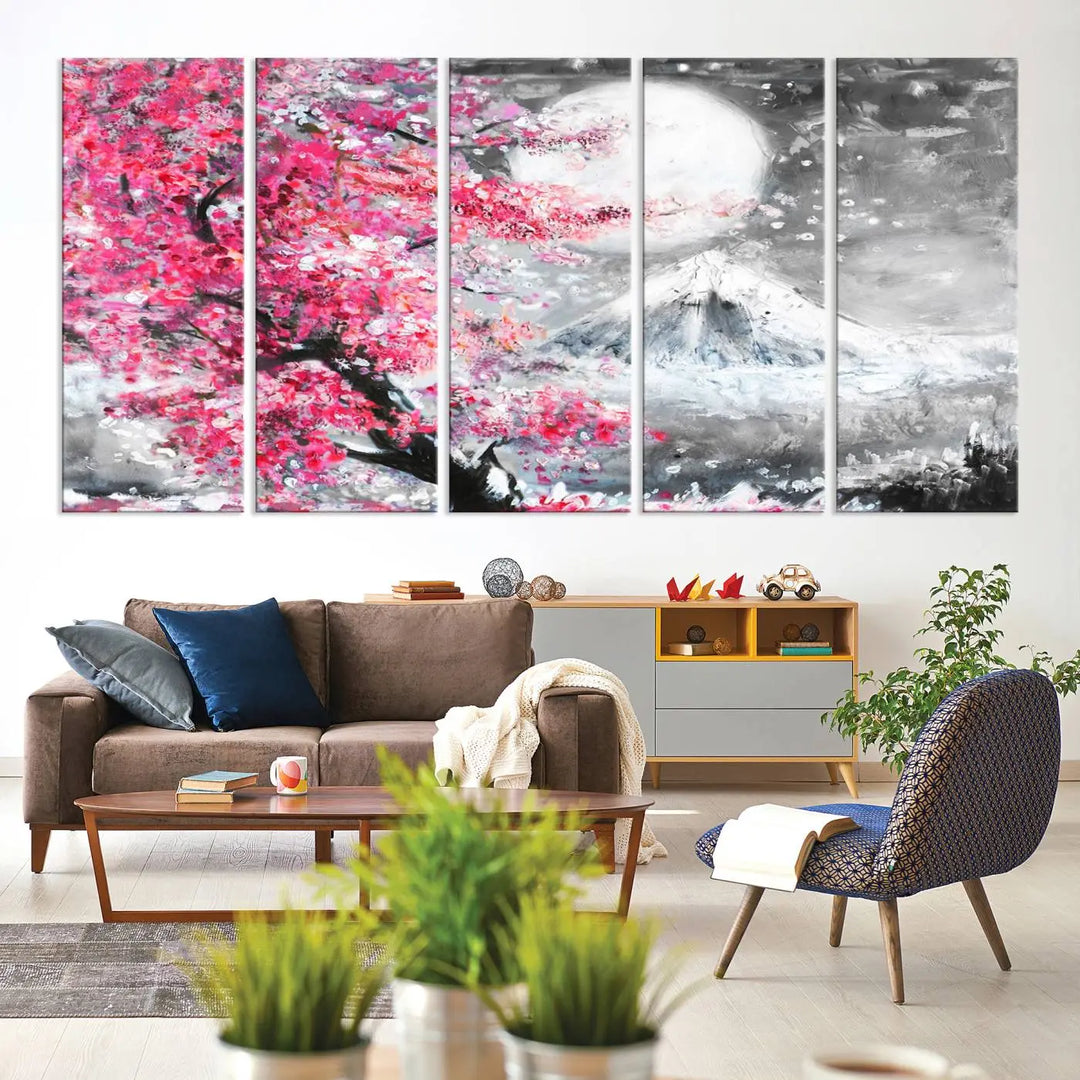 The living room features a striking gallery-wrapped canvas with UV-protective coating, showcasing the "Cherry Blossom Painting Canvas Wall Art Full Moon Art Winter Canvas Art," which depicts a cherry blossom tree with a mountain backdrop.