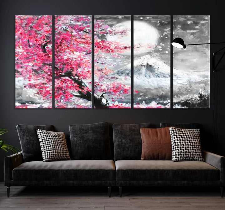 The living room features a striking gallery-wrapped canvas with UV-protective coating, showcasing the "Cherry Blossom Painting Canvas Wall Art Full Moon Art Winter Canvas Art," which depicts a cherry blossom tree with a mountain backdrop.