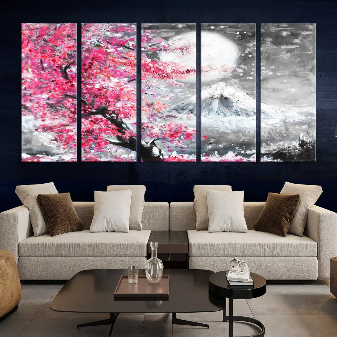 The living room features a striking gallery-wrapped canvas with UV-protective coating, showcasing the "Cherry Blossom Painting Canvas Wall Art Full Moon Art Winter Canvas Art," which depicts a cherry blossom tree with a mountain backdrop.