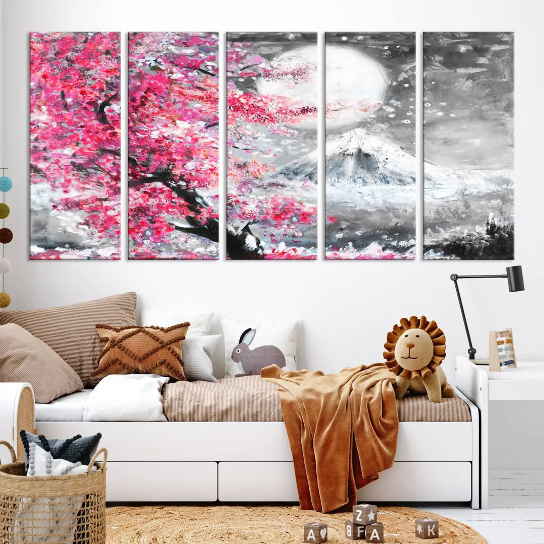 The living room features a striking gallery-wrapped canvas with UV-protective coating, showcasing the "Cherry Blossom Painting Canvas Wall Art Full Moon Art Winter Canvas Art," which depicts a cherry blossom tree with a mountain backdrop.