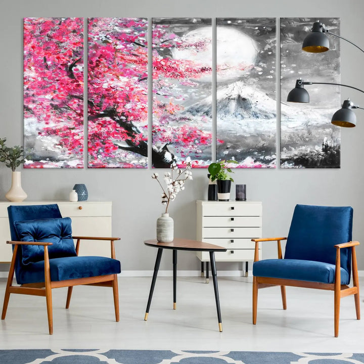 The living room features a striking gallery-wrapped canvas with UV-protective coating, showcasing the "Cherry Blossom Painting Canvas Wall Art Full Moon Art Winter Canvas Art," which depicts a cherry blossom tree with a mountain backdrop.