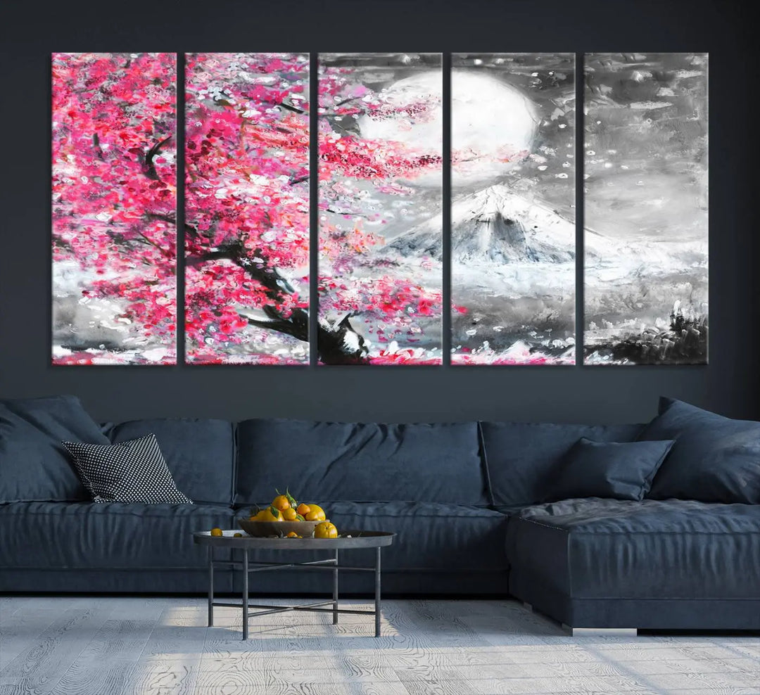 The living room features a striking gallery-wrapped canvas with UV-protective coating, showcasing the "Cherry Blossom Painting Canvas Wall Art Full Moon Art Winter Canvas Art," which depicts a cherry blossom tree with a mountain backdrop.