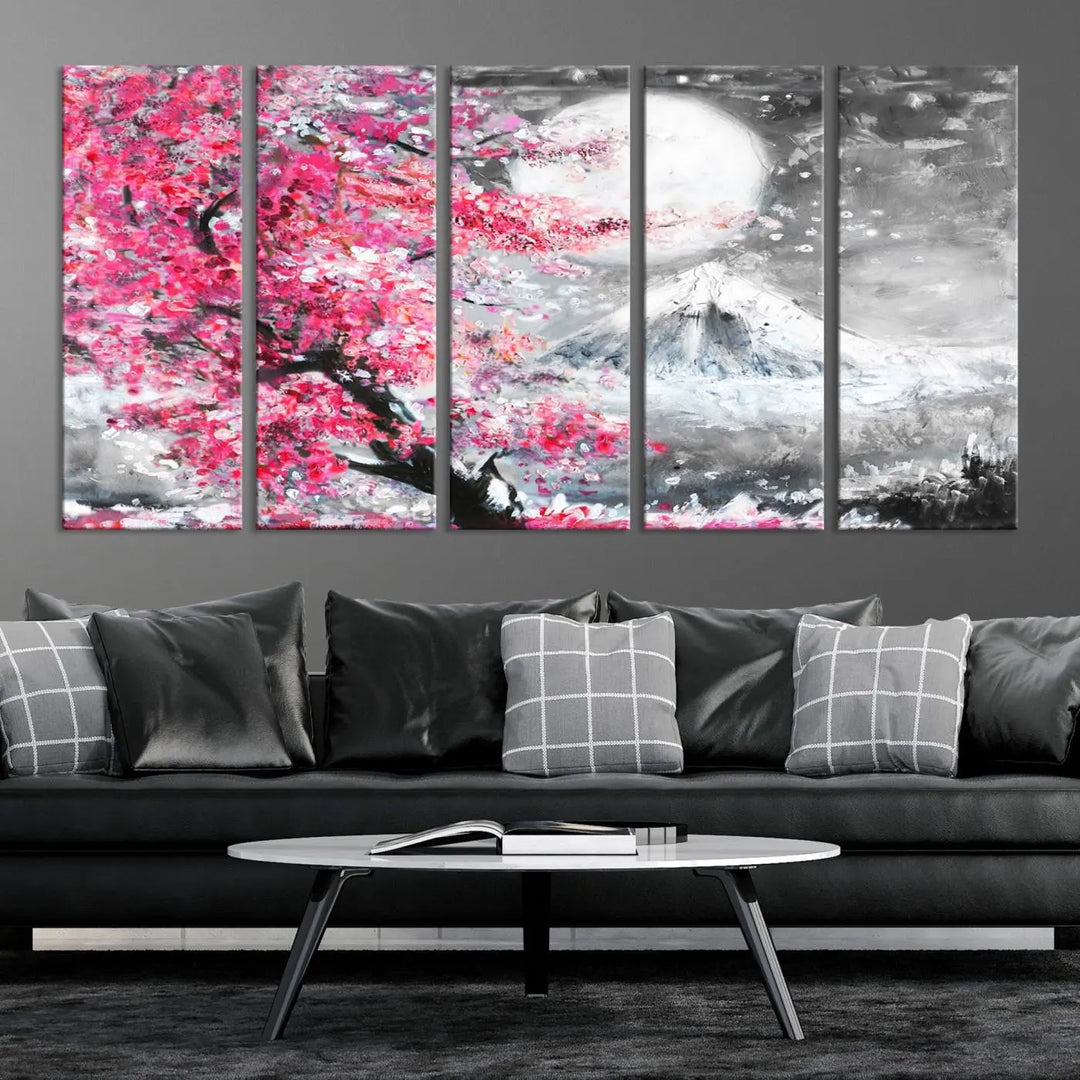 The living room features a striking gallery-wrapped canvas with UV-protective coating, showcasing the "Cherry Blossom Painting Canvas Wall Art Full Moon Art Winter Canvas Art," which depicts a cherry blossom tree with a mountain backdrop.