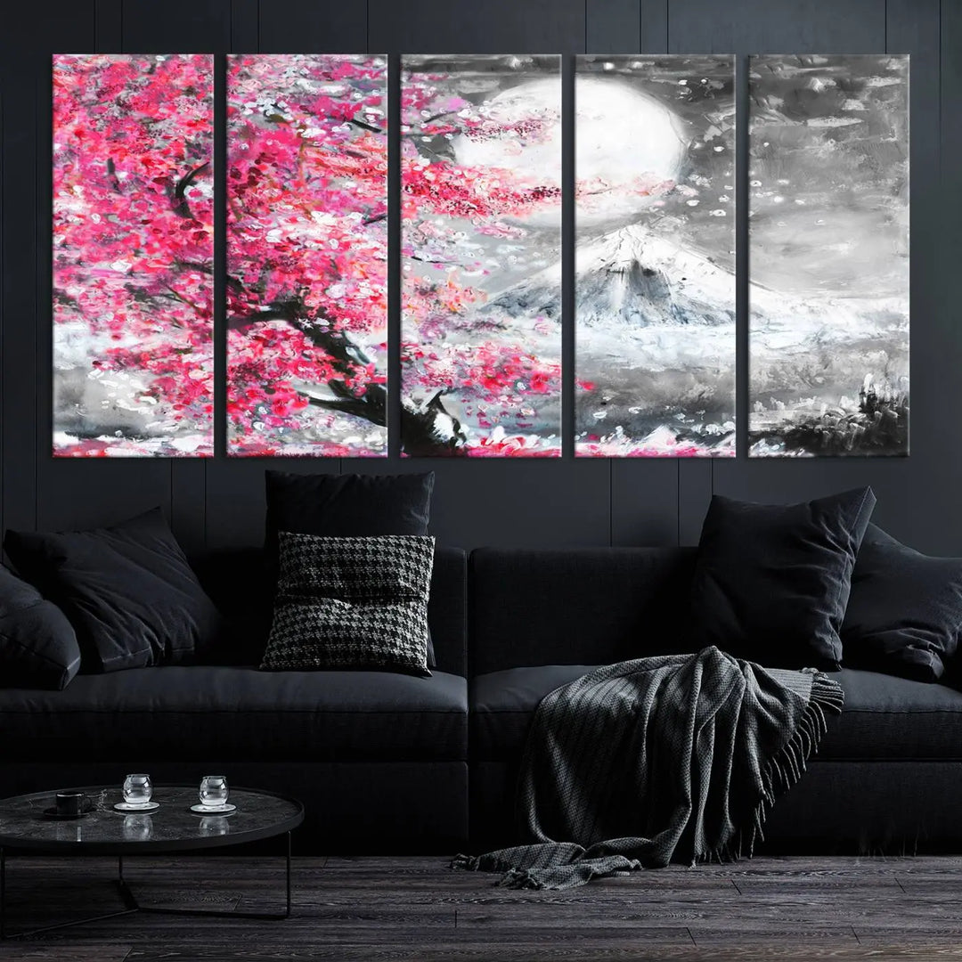 The living room features a striking gallery-wrapped canvas with UV-protective coating, showcasing the "Cherry Blossom Painting Canvas Wall Art Full Moon Art Winter Canvas Art," which depicts a cherry blossom tree with a mountain backdrop.