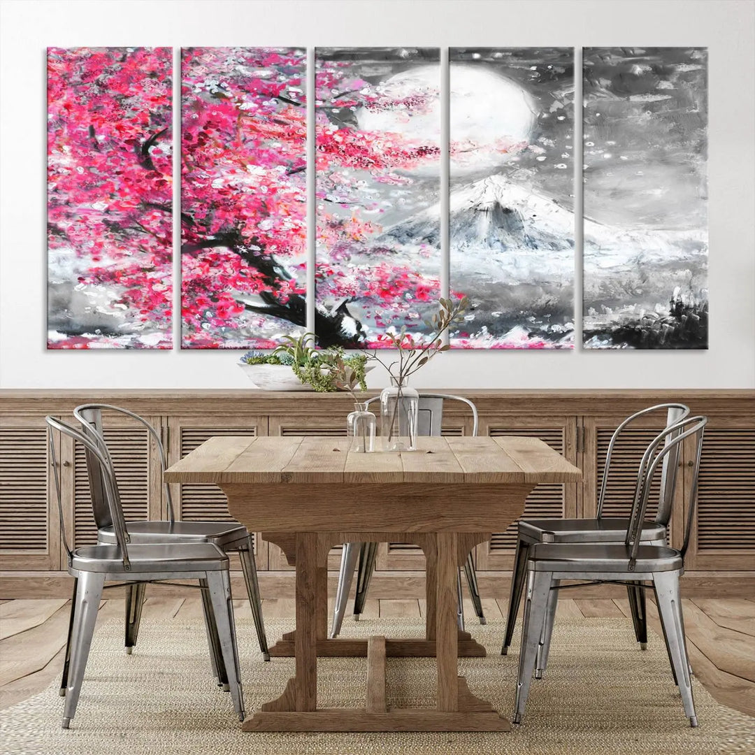 The living room features a striking gallery-wrapped canvas with UV-protective coating, showcasing the "Cherry Blossom Painting Canvas Wall Art Full Moon Art Winter Canvas Art," which depicts a cherry blossom tree with a mountain backdrop.