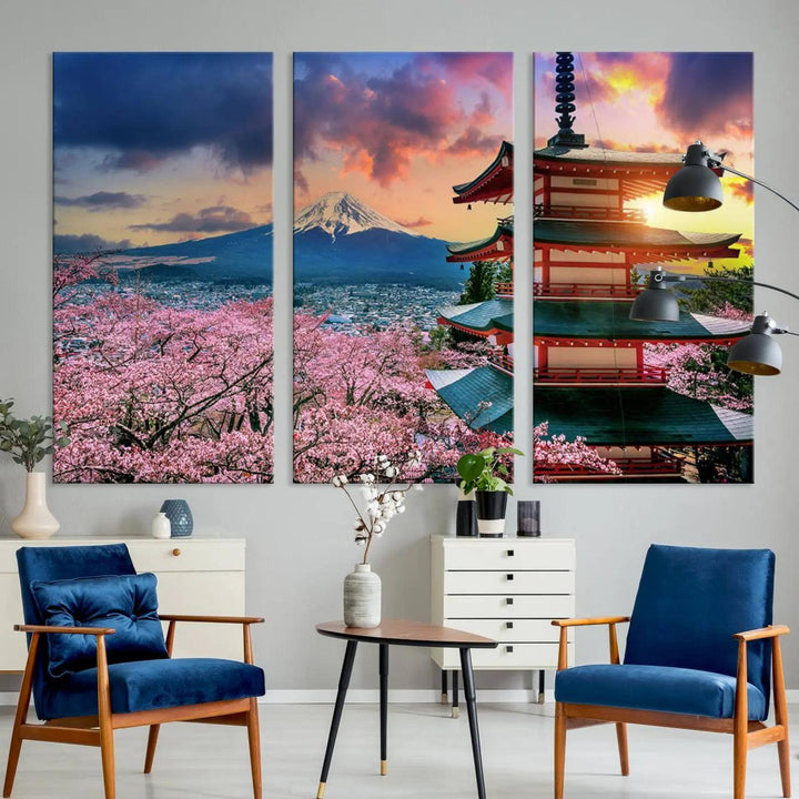 Cherry Blossoms Canvas Print, Chureito Pagoda & Mount Fuji Wall Art, Japanese Landscape Canvas, Asian Style Home Decor