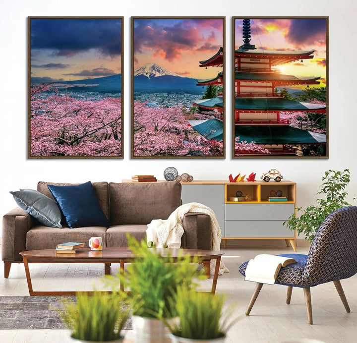 95987-MGV-CV-36X24-Cherry Blossoms Canvas Print, Chureito Pagoda & Mount Fuji Wall Art, Japanese Landscape Canvas, Asian Style Home Decor