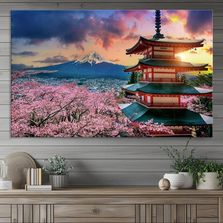 Cherry Blossoms Canvas Print, Chureito Pagoda & Mount Fuji Wall Art, Japanese Landscape Canvas, Asian Style Home Decor