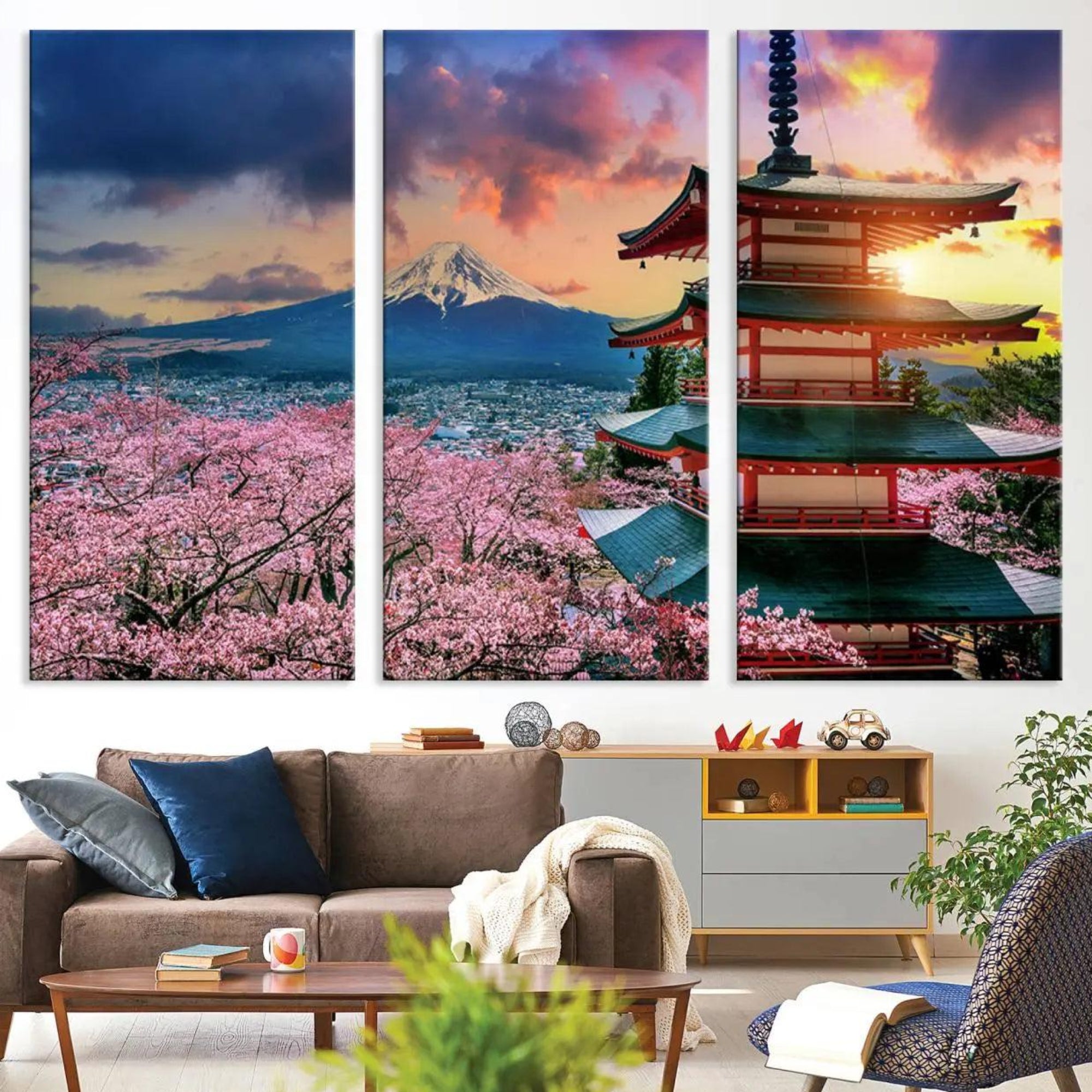 95987-MGV-CV-36X24-Cherry Blossoms Canvas Print, Chureito Pagoda & Mount Fuji Wall Art, Japanese Landscape Canvas,