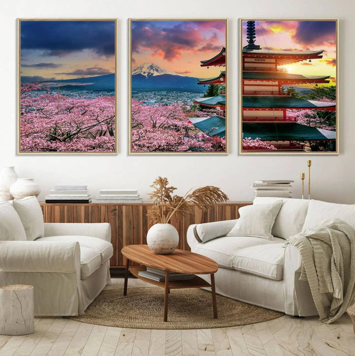 95987-MGV-FC-60X30-3P_Natural-Cherry Blossoms Canvas Print, Chureito Pagoda & Mount Fuji Wall Art, Japanese Landscape Canvas, Asian Style Home Decor