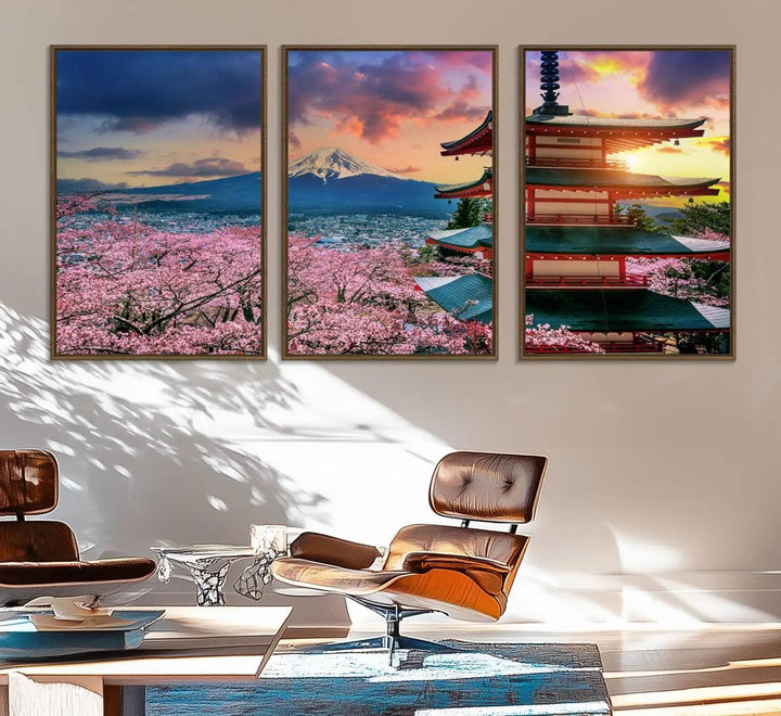 95987-MGV-FC-60X30-3P_Walnut-Cherry Blossoms Canvas Print, Chureito Pagoda & Mount Fuji Wall Art, Japanese Landscape Canvas, Asian Style Home Decor