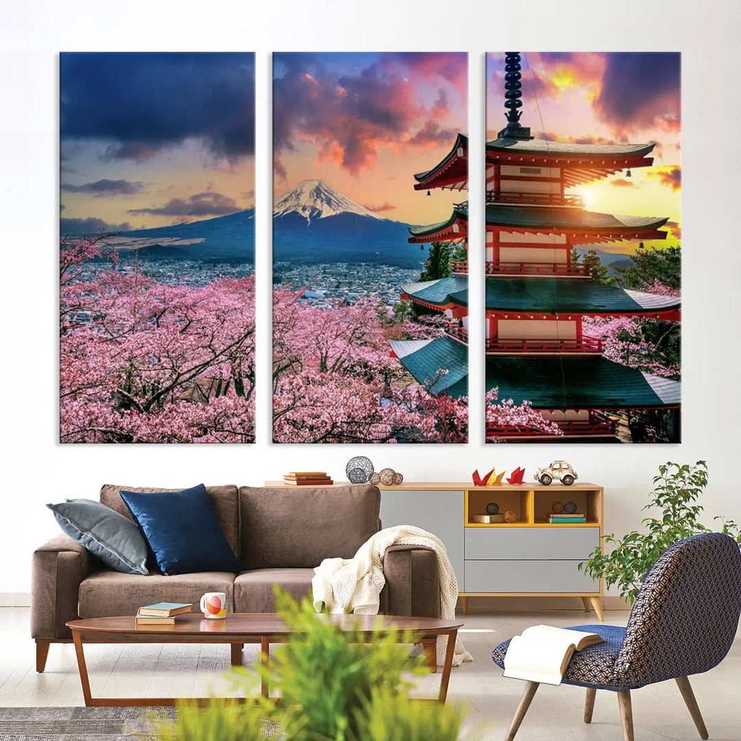 Cherry Blossoms Canvas Print, Chureito Pagoda & Mount Fuji Wall Art, Japanese Landscape Canvas, Asian Style Home Decor