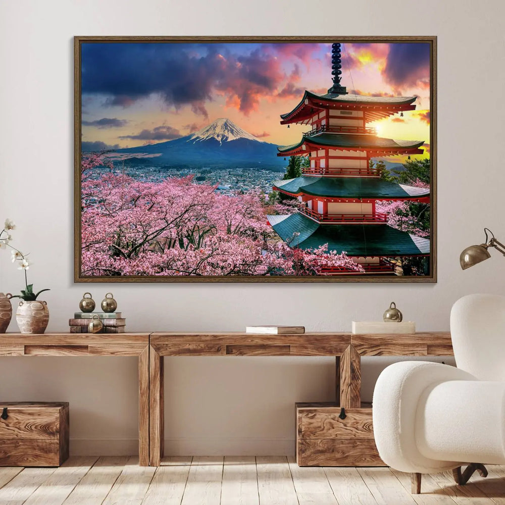Cherry Blossoms Canvas Print, Chureito Pagoda & Mount Fuji Wall Art, Japanese Landscape Canvas, Asian Style Home Decor