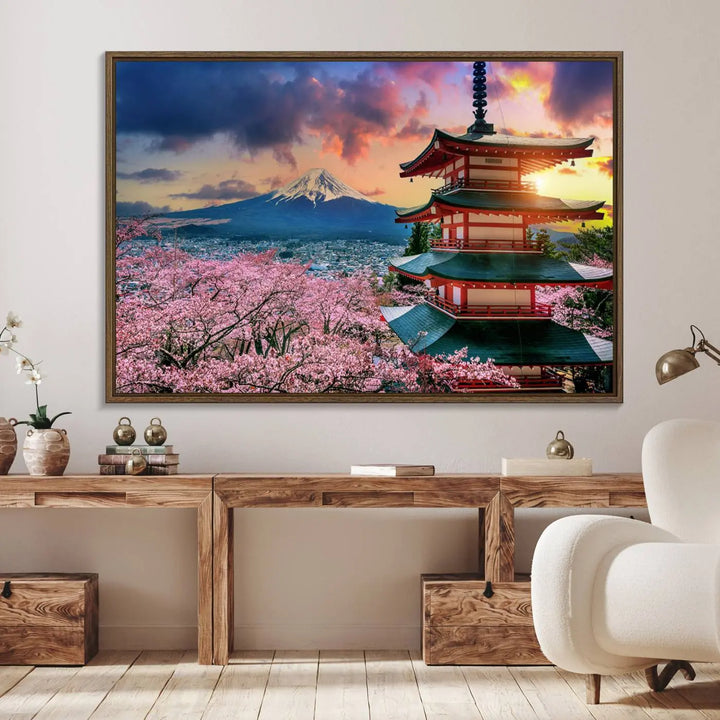 Cherry Blossoms Canvas Print, Chureito Pagoda & Mount Fuji Wall Art, Japanese Landscape Canvas, Asian Style Home Decor