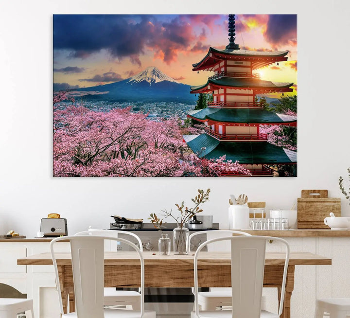 Cherry Blossoms Canvas Print, Chureito Pagoda & Mount Fuji Wall Art, Japanese Landscape Canvas, Asian Style Home Decor