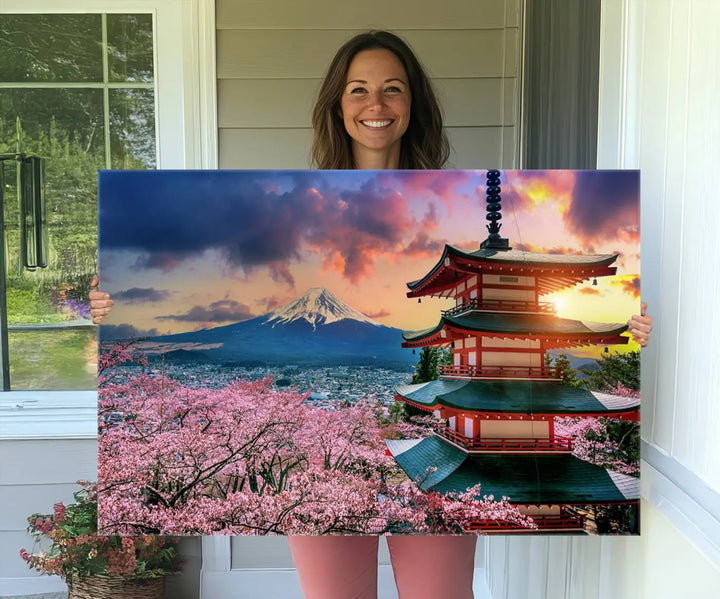 Cherry Blossoms Canvas Print, Chureito Pagoda & Mount Fuji Wall Art, Japanese Landscape Canvas, Asian Style Home Decor