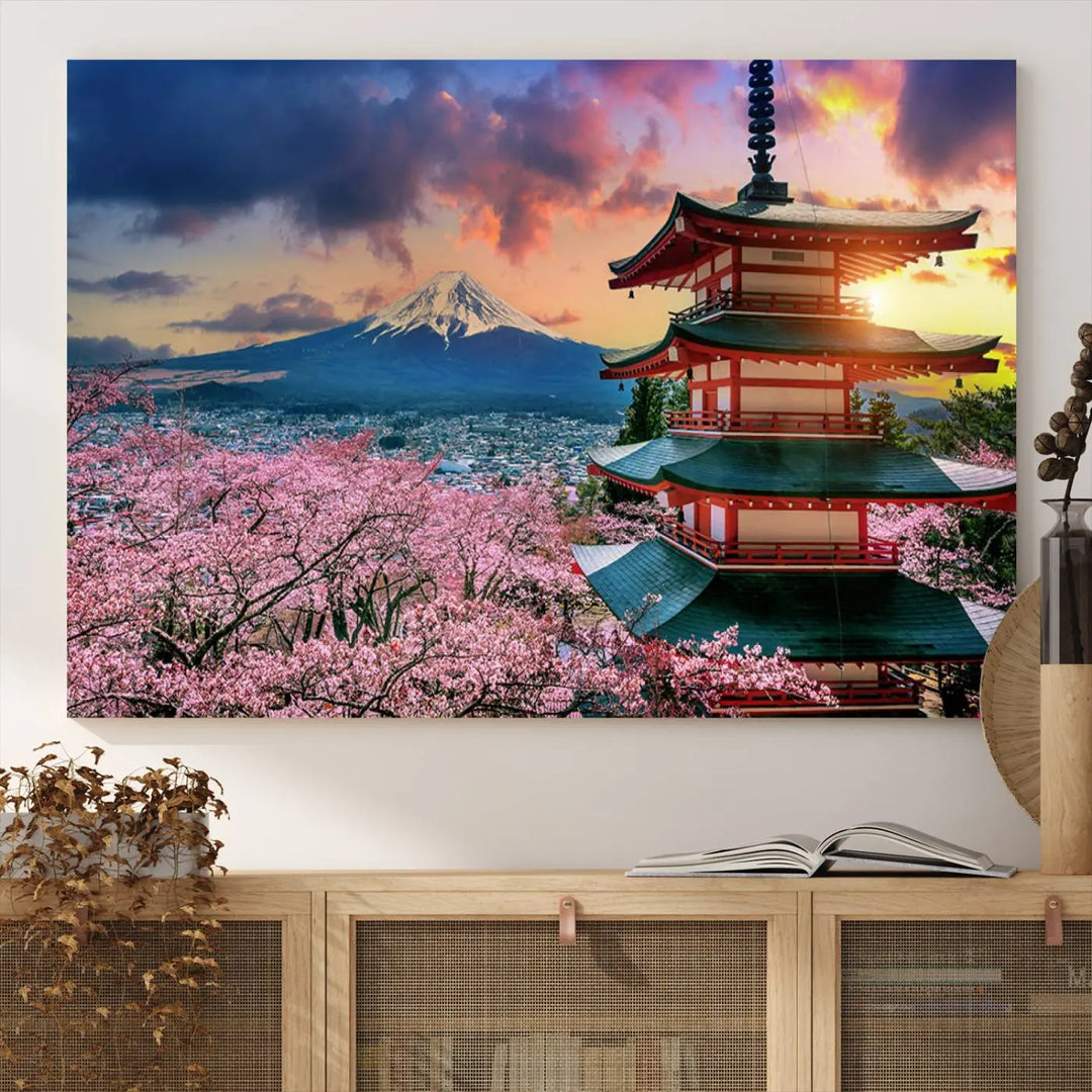 Cherry Blossoms Canvas Print, Chureito Pagoda & Mount Fuji Wall Art, Japanese Landscape Canvas, Asian Style Home Decor