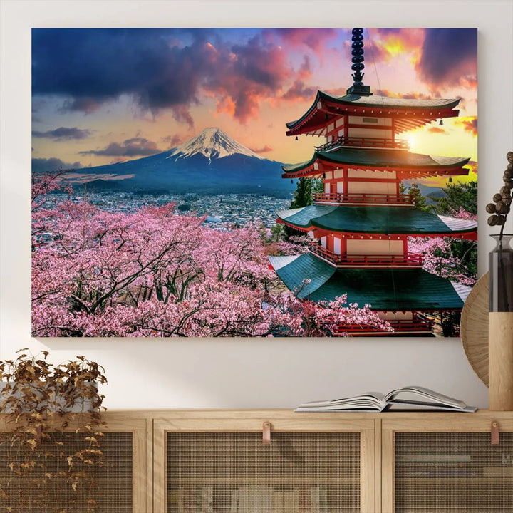 Cherry Blossoms Canvas Print, Chureito Pagoda & Mount Fuji Wall Art, Japanese Landscape Canvas, Asian Style Home Decor