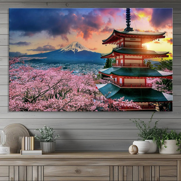 Cherry Blossoms Canvas Print, Chureito Pagoda & Mount Fuji Wall Art, Japanese Landscape Canvas, Asian Style Home Decor