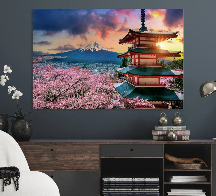 Cherry Blossoms Canvas Print, Chureito Pagoda & Mount Fuji Wall Art, Japanese Landscape Canvas, Asian Style Home Decor