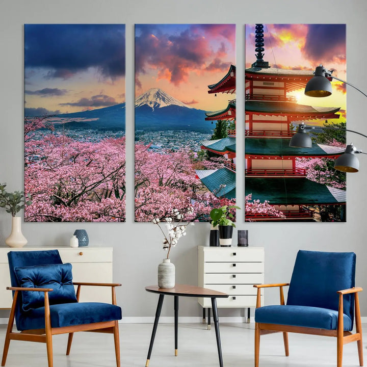 Cherry Blossoms Canvas Print, Chureito Pagoda & Mount Fuji Wall Art, Japanese Landscape Canvas, Asian Style Home Decor