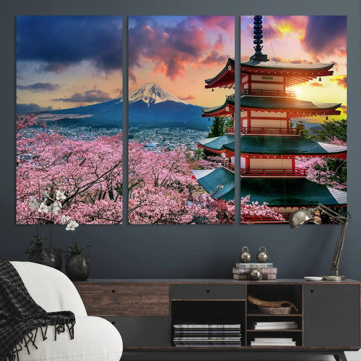 Cherry Blossoms Canvas Print, Chureito Pagoda & Mount Fuji Wall Art, Japanese Landscape Canvas, Asian Style Home Decor