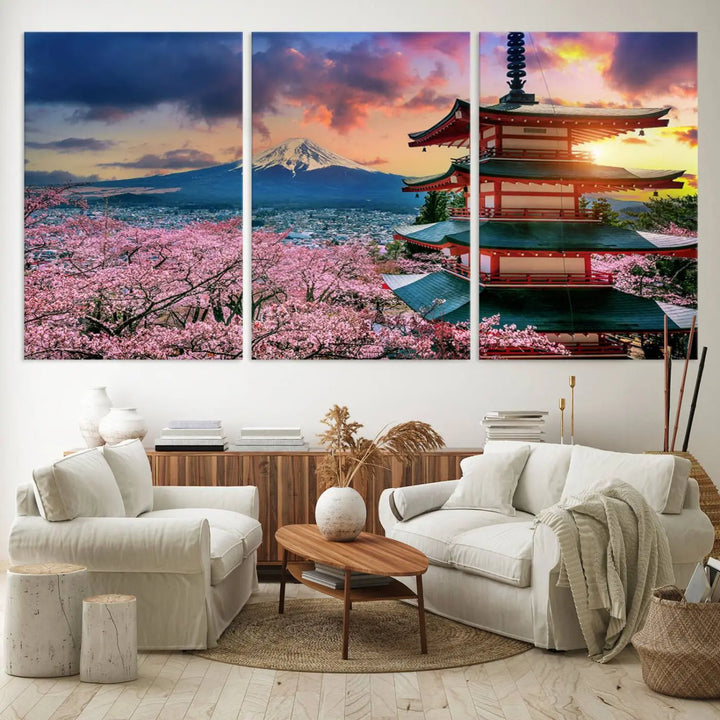 Cherry Blossoms Canvas Print, Chureito Pagoda & Mount Fuji Wall Art, Japanese Landscape Canvas, Asian Style Home Decor