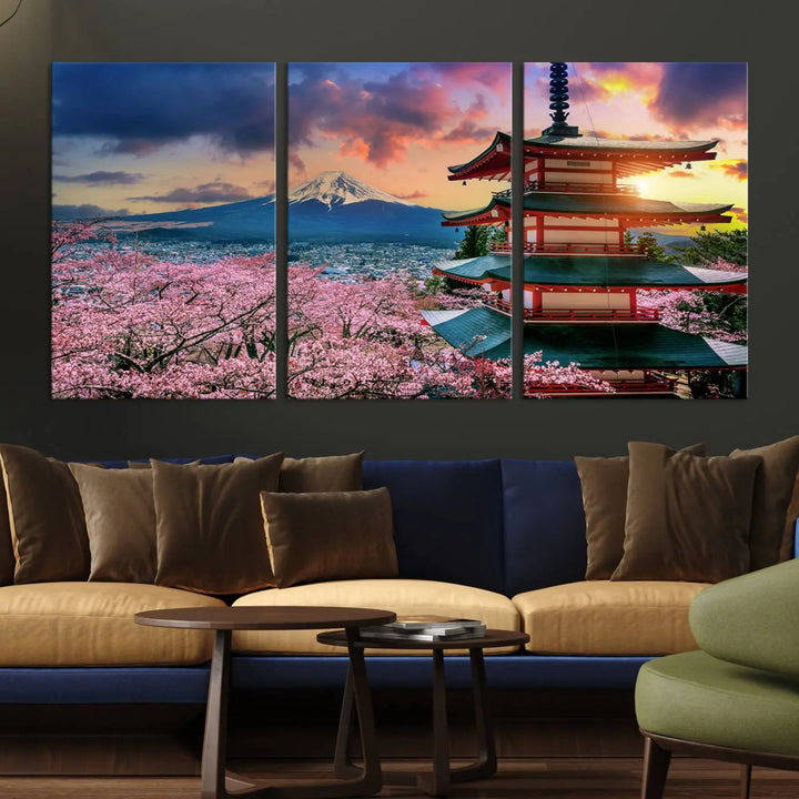 Cherry Blossoms Canvas Print, Chureito Pagoda & Mount Fuji Wall Art, Japanese Landscape Canvas, Asian Style Home Decor